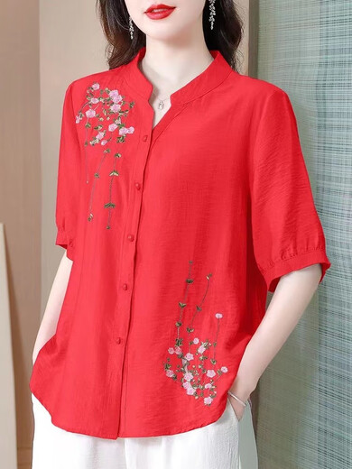 锦人初夏季中袖棉麻上衣女2025新款国风刺绣女士衬衫妈妈装宽松亚麻小衫 玫红-694 均码 m约108斤内