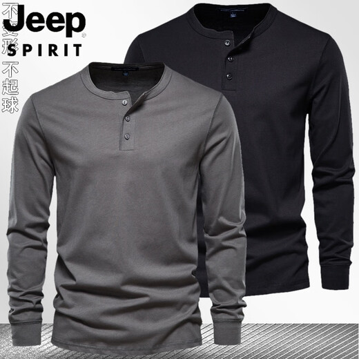 JEEP SPIRIT Jeep Henry shirt men's autumn heavyweight t-shirt pure cotton long-sleeved Henry collar men's business bottoming shirt slim top navy blue 3XL weight 190-210Jin Jin equals 0.5 kg