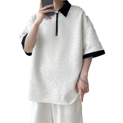 POUM半拉链撞色短袖Polo衫男夏季宽松半袖衣服美式潮牌青少年重磅T恤 WYN-733灰色 XL