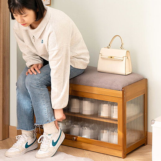 Old bamboo craftsman's home entry shoe changing stool, door shoe cabinet, integrated stool storage rack, entrance shoe stool, sit-on soft shoe rack