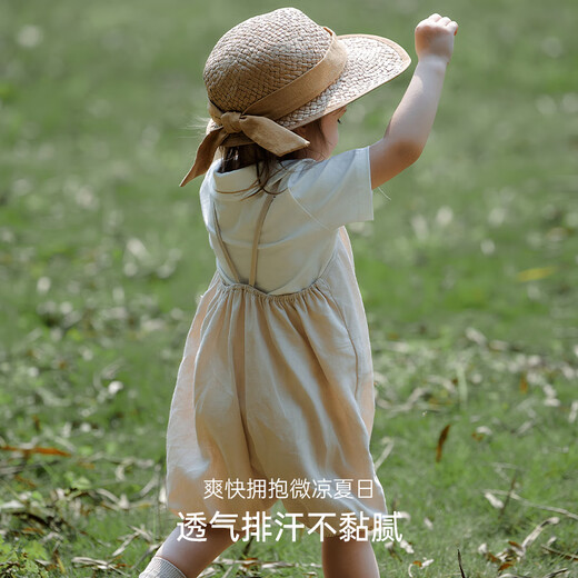 OAK FAMILY夏季新品宝宝背带裤天丝亚麻休闲裤垂感文艺男女短裤 静谧蓝 90 cm