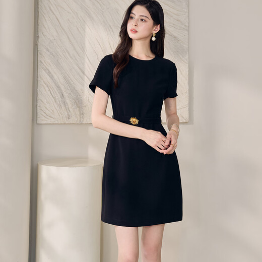 
ROEYSHOUSE roe style fashionable blue blue round neck dress for women 2025 summer new style commuter lace-up A-line skirt 12162 black L