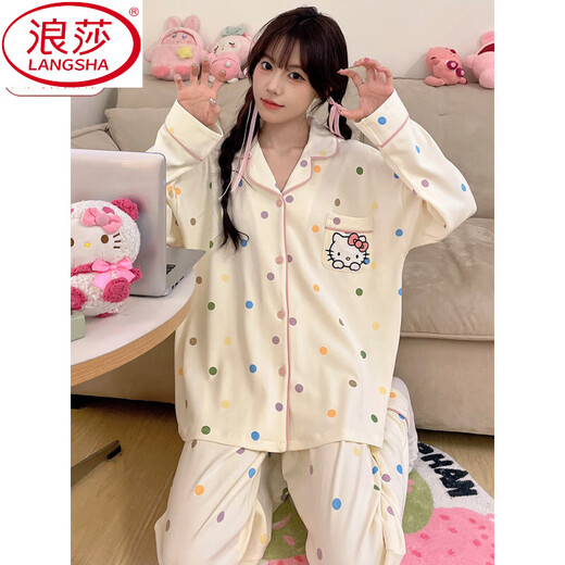 
LangSha pajamas for women in spring and autumn long sleeves cute and sweet 2025 new high-end home clothing summer suit for outdoor wear 6173 lapel polka dot cat XL