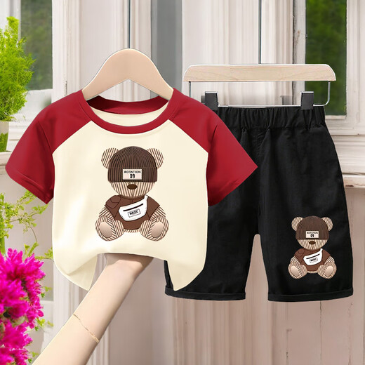 G.DUCKKIDS2025 Summer Children's Cotton Set Boys Thin T-shirt Handsome Short Sleeve Top Cartoon Casual Two-Piece Set 694#XT Short Green + 694# Gray Shorts Size 90 (Height 70-80cm)