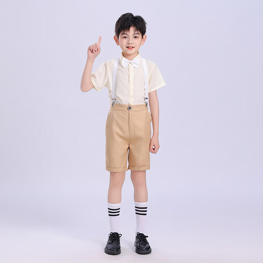 布恋猫儿童合唱服4-13岁演出服新款花童白纱裙小女孩主持人团体服 男款香槟色五件套 160 cm