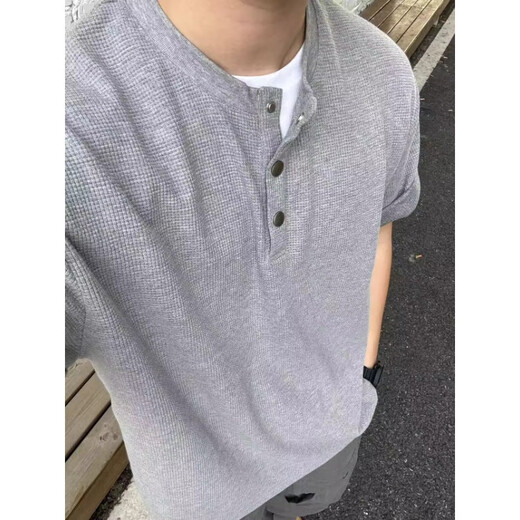 
Miao Yijia men's short-sleeved T-shirt for men loose casual summer men's Henry shirt half-sleeved base shirt top half-sleeved inner grey waffle short-sleeved XL