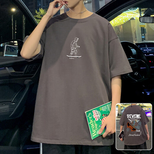 常缕竺纯棉T恤男潮牌潮流休闲宽松圆领短袖男生青少年夏季新款百搭体恤 3899蓝色 2XL 约160-180斤可穿