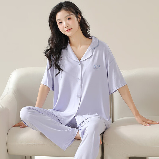 含蕊睡衣女夏季莫代尔薄款短袖长裤大码凉感冰丝男家居服套装 N12108女12308男 170 女款M