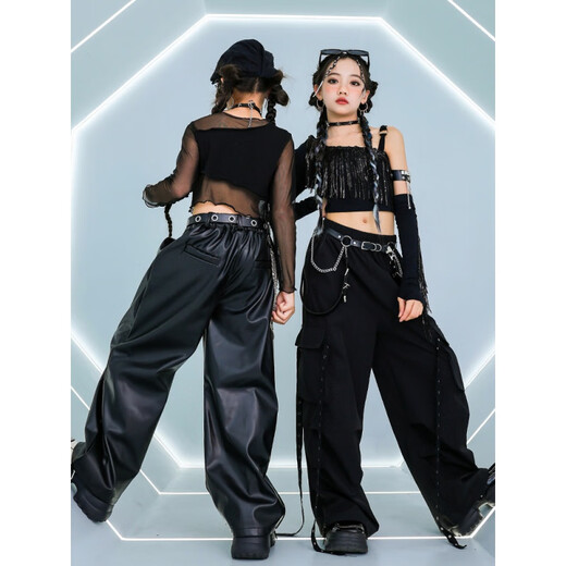 
Cloth Cat Jazz Dance Costume Girls Children's Sling Mesh Long Sleeve Navel Exposed Set Show Dance Costume Group Suit 683D Black Mesh Long Sleeve 160