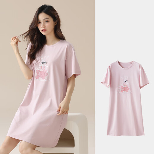 恒源祥睡裙女款短袖夏季纯棉薄款少女睡衣夏天宽松透气外穿家居服 15620 XL 170/125-140斤