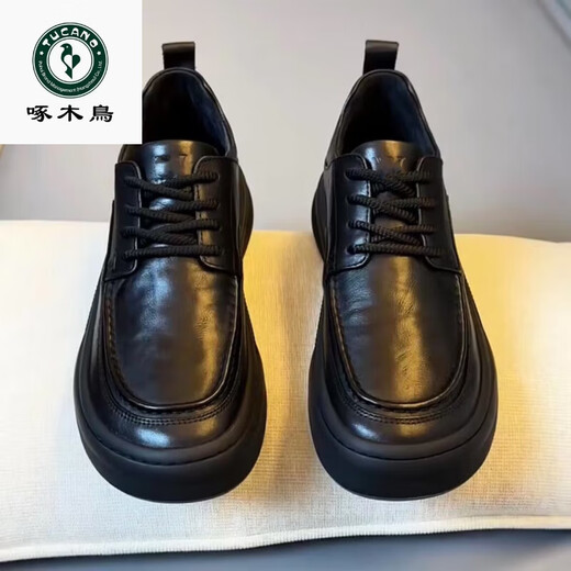Woodpecker Leather 2025 New Spring Business Casual Leather Shoes New Trendy Versatile Thick Sole Non-Slip British Style Shoes Black 42