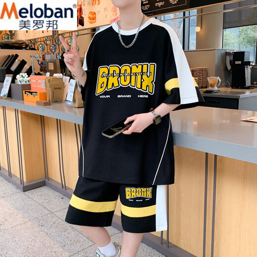 美罗邦 MELOBAN夏季新款休闲运动套装男生港风宽松搭配潮流帅气短袖短裤两件套装 687白色 3XL 参考160-180斤左右
