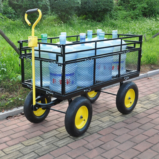 NAOISKEY 4016 Tool Trolley Flatbed Truck Trailer Tiger Cart Roasted Sweet Potato Cart Foldable Net Cart Side Block Removable With Pump Single-layer Pneumatic Wheel Yellow + Black