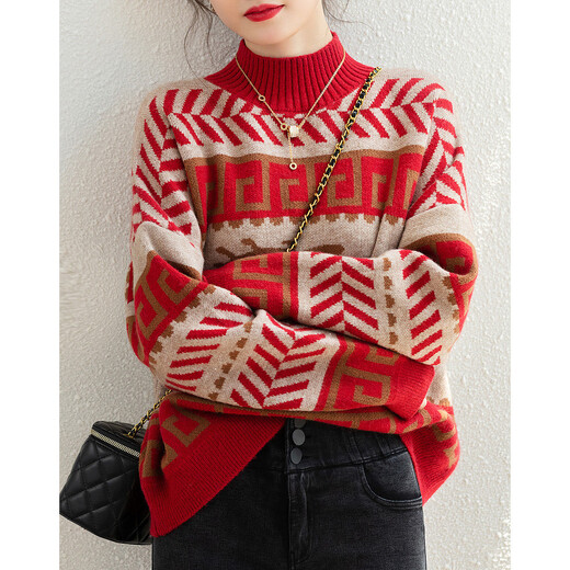 Demana Retro Filter Autumn and Winter Mellow Half Turtle Collar Contrast Color Sweater Hidden Body Good for Small People Knitted Sweater Tops