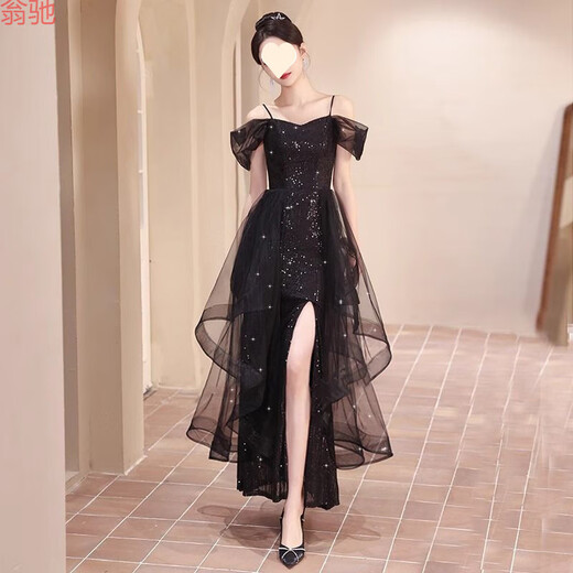 冠贸裴5黑色晚礼服女新款感宴会连衣裙 黑色【3888】 S