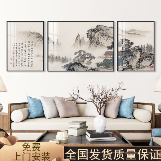 Neues chinesisches Sofa Hintergrund Wanddekoration Malerei Atmosphärische Triptychalporzellanmalerei Mural Chinesische Malerei Landschaftsmalerei Wohnzimmer Hängende Malerei