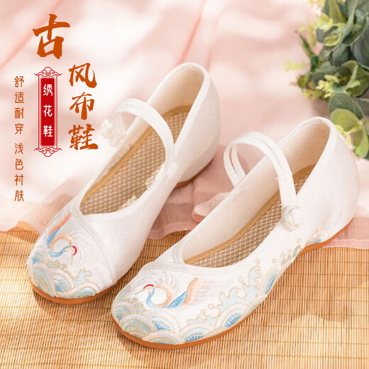 铂呐苓古风布鞋女软底舒适汉服鞋民族风绣花鞋搭配古装旗袍透气休闲鞋 绣花鞋白色【标准码】 36