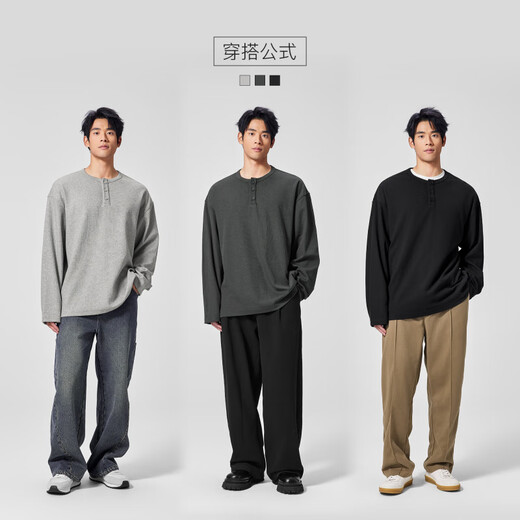 BODYDREAMBM Henry collar heavyweight T-shirt textured long-sleeved men's autumn bottoming shirt loose casual top black S 110Jin Jin is equal to within 0.5 kg