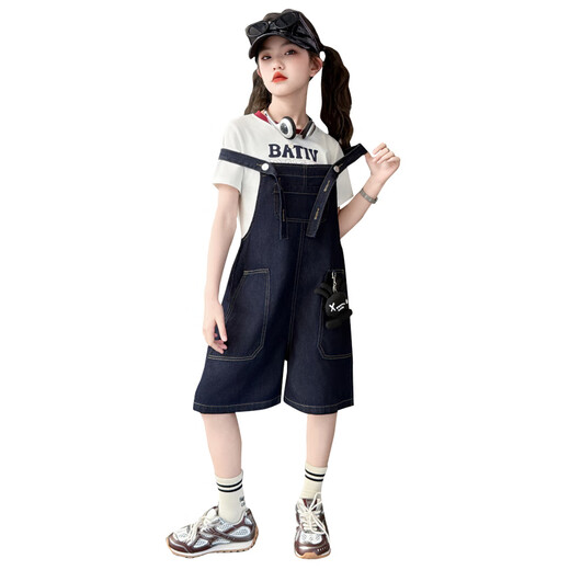 迪士尼女童夏装牛仔背带裤套装2025新款大童儿童夏季洋气时髦短裤两件套 背带裤加T恤 140 cm