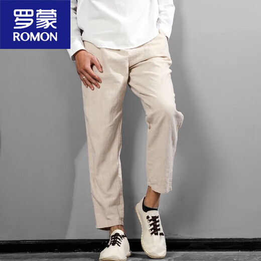 罗蒙（ROMON）复古棉麻裤子男夏季薄款高端苎麻九分裤亚麻透气抽绳松紧腰休闲裤 咖啡色 M