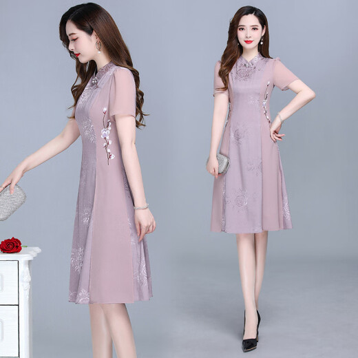 皮尔卡丹（pierre cardin）夏季新款改良旗袍连衣裙中长款韩版修身妈m妈女装复古雪纺裙子 藕粉色671 XL 建议85-105斤