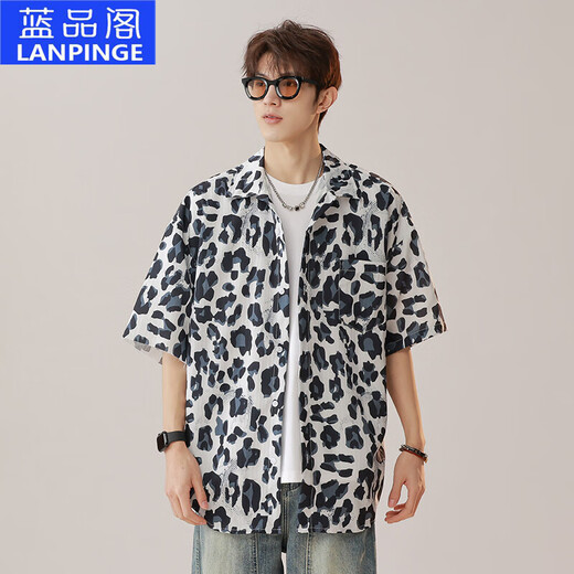 Lanpinge American Thin Sensing Ice Silk Silk Shirt à manches courtes pour les hommes 2025 Summer Trendy Casual Loose Ethnic Style Flower Shirt 7029 Maldives Blue M hauteur 165-175cm100-125jin [Jin est égal à 0,5 kg]