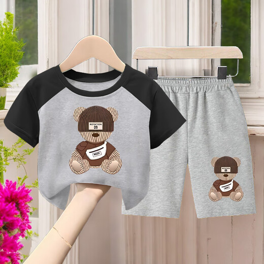 G.DUCKKIDS2025 Summer Children's Cotton Set Boys Thin T-shirt Handsome Short Sleeve Top Cartoon Casual Two-Piece Set 694#XT Short Green + 694# Gray Shorts Size 90 (Height 70-80cm)
