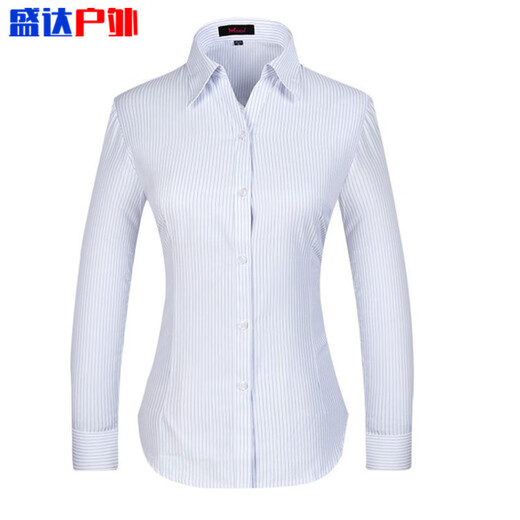 何佳功建行工作服女式正装领白底蓝色竖条纹短袖衬衫方领修身银行工作服 3882女V领修身浅兰斜纹长袖 45(190/112A)