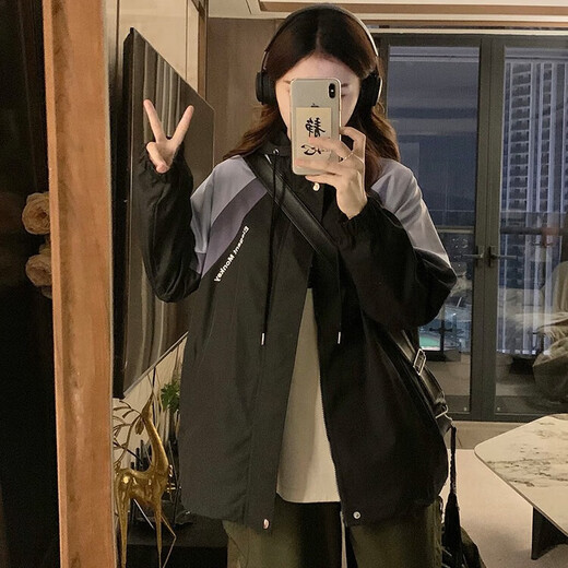 MXQP学院风棒球服外套女春秋季新款宽松休闲拼接撞色设计感立领上衣潮 1047粉色 L 【110-120斤】