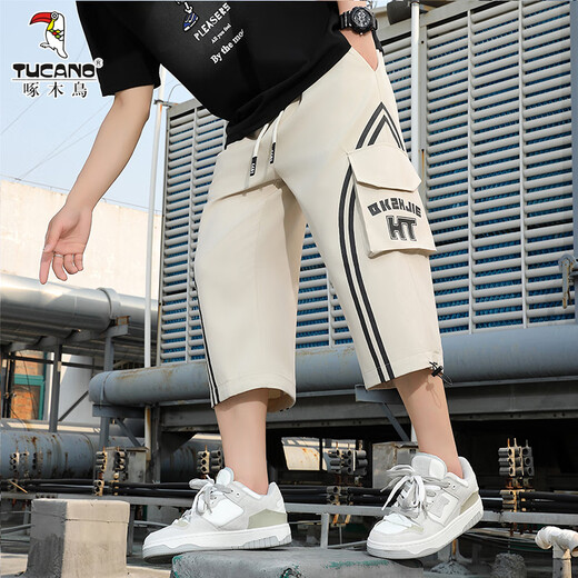 Pantalones de pájaros carpinteros Summer de verano Summer rectos de la pierna ancha Los pantalones cortos de 7 puntos de 7 puntos versátiles de algodón de 8 puntos 6628 Black L (115-130) Jin [Jin equivale a 0.5 kg]