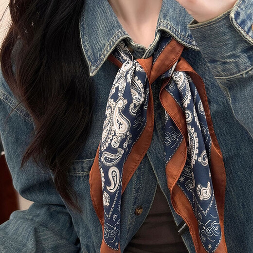 
Miao Yijia silk scarf for women, small square scarf tie neck high-end Korean scarf thin retro scarf tie summer temperament simple retro Korean navy brown edge square scarf