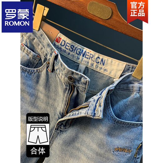ROMON Summer Casual Shorts Men's Large Size Light Color Cotton Five-Part Jeans Trendy Embroidery Men's Straight-Part Medium Pants Blue XY9922 28 Suitable for weight 95-108Jin [Jin equals 0.5 kg]