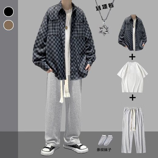 Rongxitu khaki veste en damier chemise beau set de cinq pièces pour hommes de la carte de style nouveau et automne 684 + manches courtes blanches + pantalon de corde gris + collier + chaussettes S La qualité est plus élevée que celle des pairs