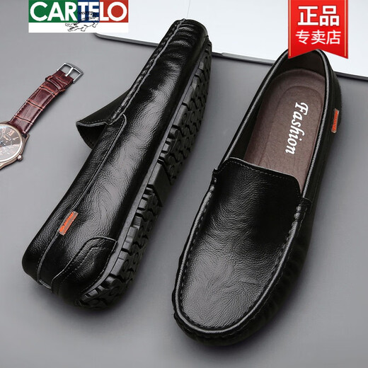 卡帝乐鳄鱼（CARTELO）2025夏季新款豆豆鞋男士真皮软底懒人韩版潮流百搭休闲一脚蹬驾车 9901黑色【镂空】 42