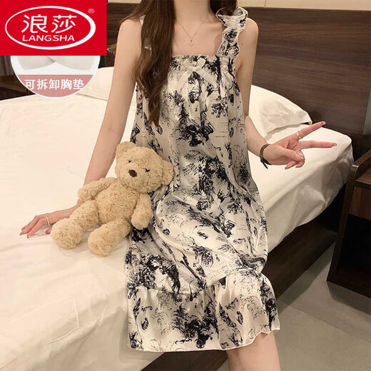 浪莎（LangSha）睡裙女夏季自带胸垫冰丝凉感吊带睡衣夏天女士甜美可爱家居服春秋 3888【不可拆胸垫】 M 【75-100斤】