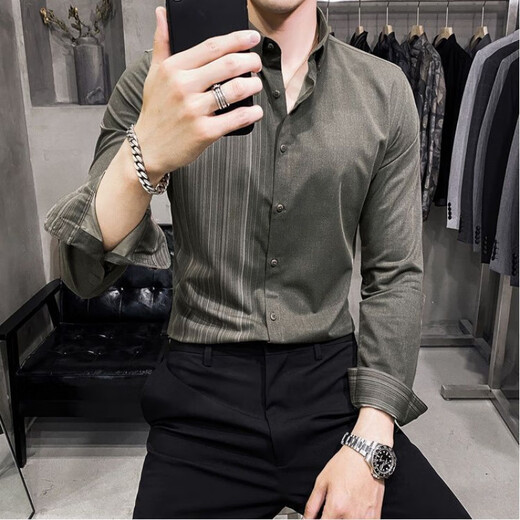 HUALIN FASHION痞帅男士衬衫春秋季潮流修身条纹衬衣2025 GWH-753黑色 L 适合107-127斤以内