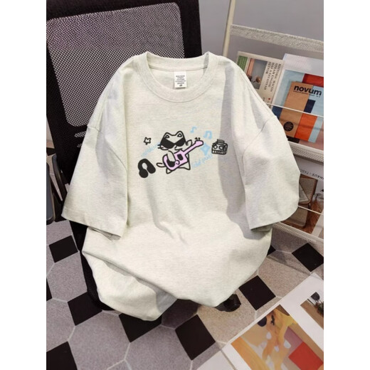 Bunte Edelsteine ​​schwere runde Hals weiße Katze gedrucktes kurzärmeliges Hemd für Männer und Frauen Sommer Trendy American Ehepaar Loose Fünf-Punkte-Hülle Top 1416 White Grey L.