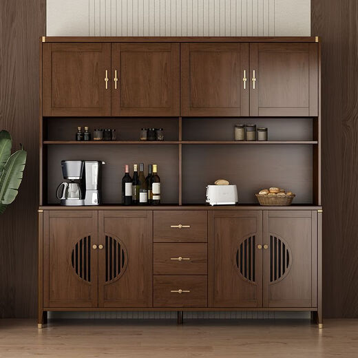 Juwanjia wood solid wood sideboard integrated wall cabinet new Chinese style wine cabinet living room storage cabinet tea cabinet kitchen storage cupboard walnut color multi-function cabinet 105*40*200cm