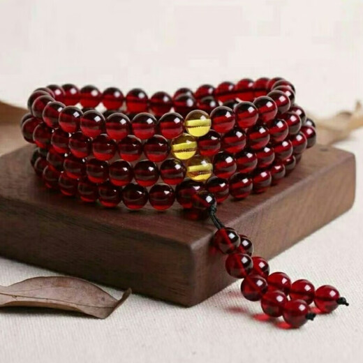 KRV natural amber beeswax bracelet 108 beads bracelet chicken oil yellow blood amber blue amber gold amber multi-ring necklace couple old beeswax 6mm 108 beads