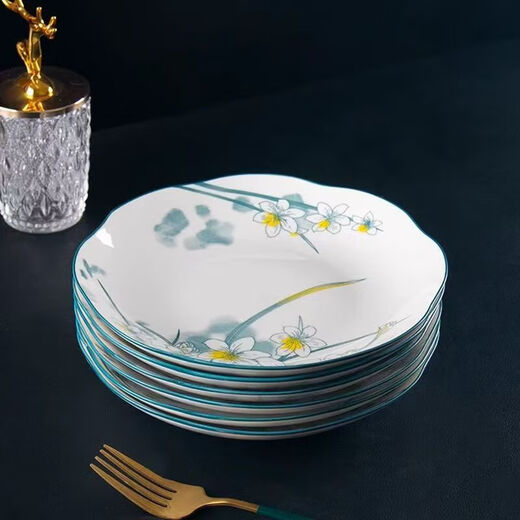 Chinese-style ceramic bowl and dish, high-end lotus leaf mouth dish, resistant to high temperature and does not fade, 8 inches in diameter, grass green, daffodil 8-bucket soup bowl, 1 pack