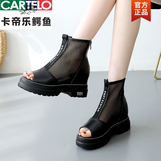 CARTELO crocodile (CARTELO) sponge cake thick-soled waterproof platform Roman sandals for women 2025 summer new style inner heightened mesh hollow sandals fish mouth shoes black 41