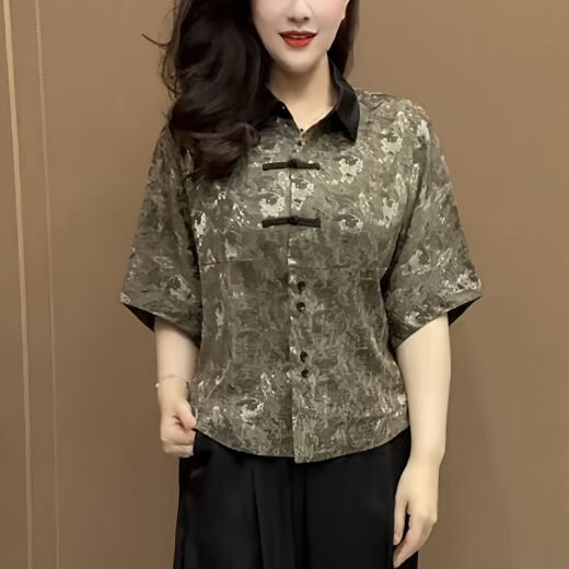 瓷袖广东普宁衬衫女2025新款中老年洋气中国风印花polo领中年妈妈夏季 红色-6636 L 建议95-105斤