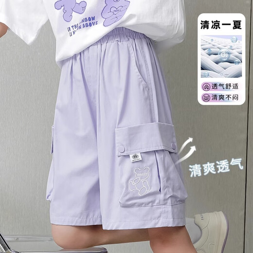 小猪彼特女童工装短裤夏季薄款儿童裤子夏装新款大童运动休闲五分裤潮 9922白色+浅紫色 120 cm