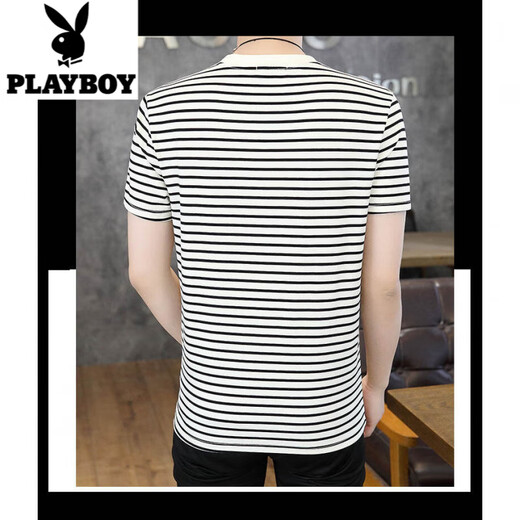 花花公子（PLAYBOY）短袖T恤男棉质小衫青少年学生条纹汗衫潮流男装半袖圆领小衫 9898 白色 XL 【建议125-140斤】