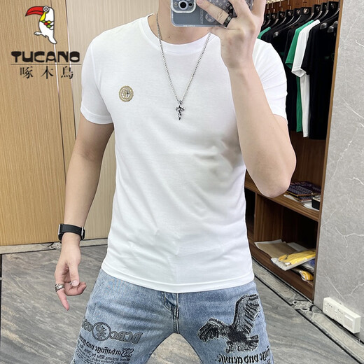 啄木鸟（TUCANO）t恤男士2025夏季新款短袖T恤男修身个性刺绣烫钻欧货丝光棉体恤男 724闪电R蓝绿色 L