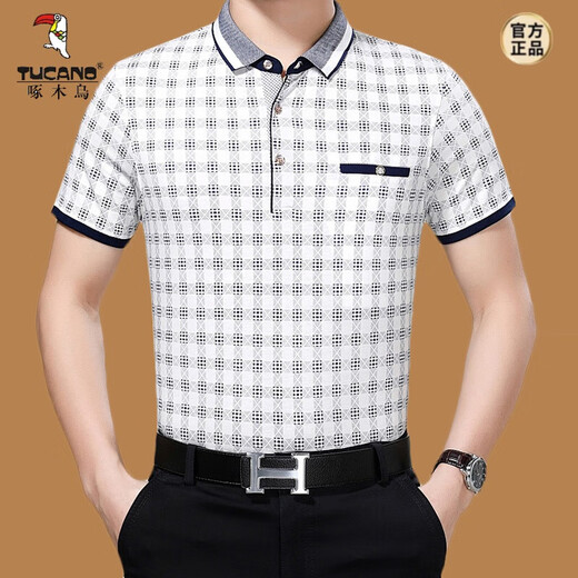Woodpecker 2020 summer short-sleeved T-shirt for men middle-aged mercerized cotton casual lapel loose plaid t-shirt large size dad suit light green 6625 M m 165