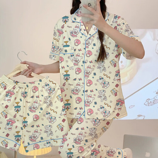Pajama de primavera y verano de Hanrui para mujeres seda de seda de leche de dibujos animados de tres piezas ropa casera 14124 170 m