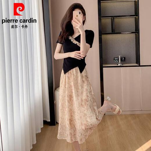 
Pierre cardin new Chinese style V-neck splicing suit contrasting lace top slim T-shirt women's belly-covering irregular skirt suit 838 S recommended 85-95Jin [Jin equals 0.5 kg]