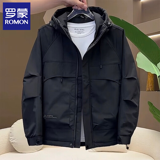 Romon Jacket Men's 2025 Spring and Autumn New Men's Hooded Loose Jacket Fashionable Popular Windproof Work Clothes Khaki Green XL 135-155Jin Jin is equal to 0.5 kg