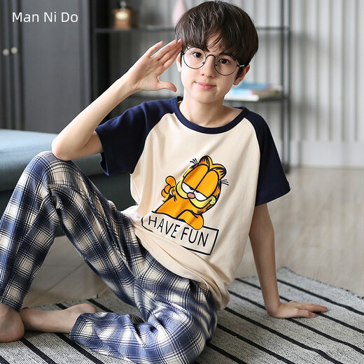 
Mannido children's pajamas boys short-sleeved trousers autumn clothes boys all-cotton air conditioning set big children teenagers pure cotton home clothes N9901 [short length] 170 XL code recommended 165-170cm